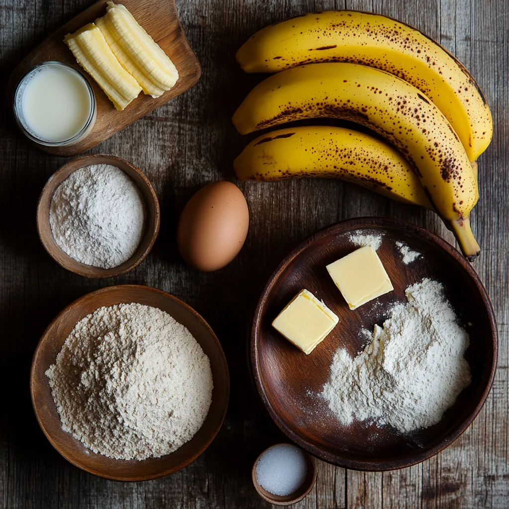 Golden banana pancakes stacked high, topped with banana slices, syrup, and a dusting of powdered sugar.