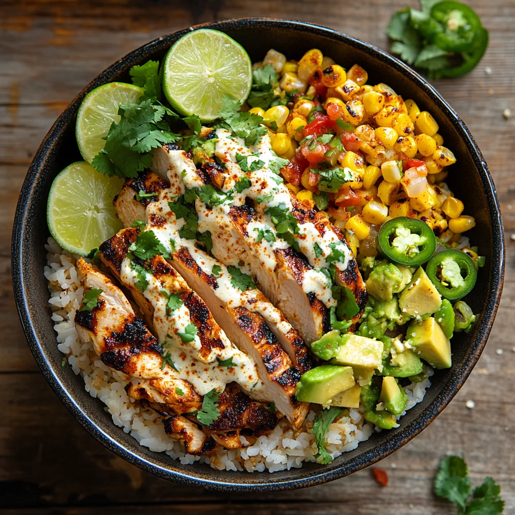 Street Corn Chicken Rice Bowl with Grilled Chicken, Elote, and Fresh Toppings