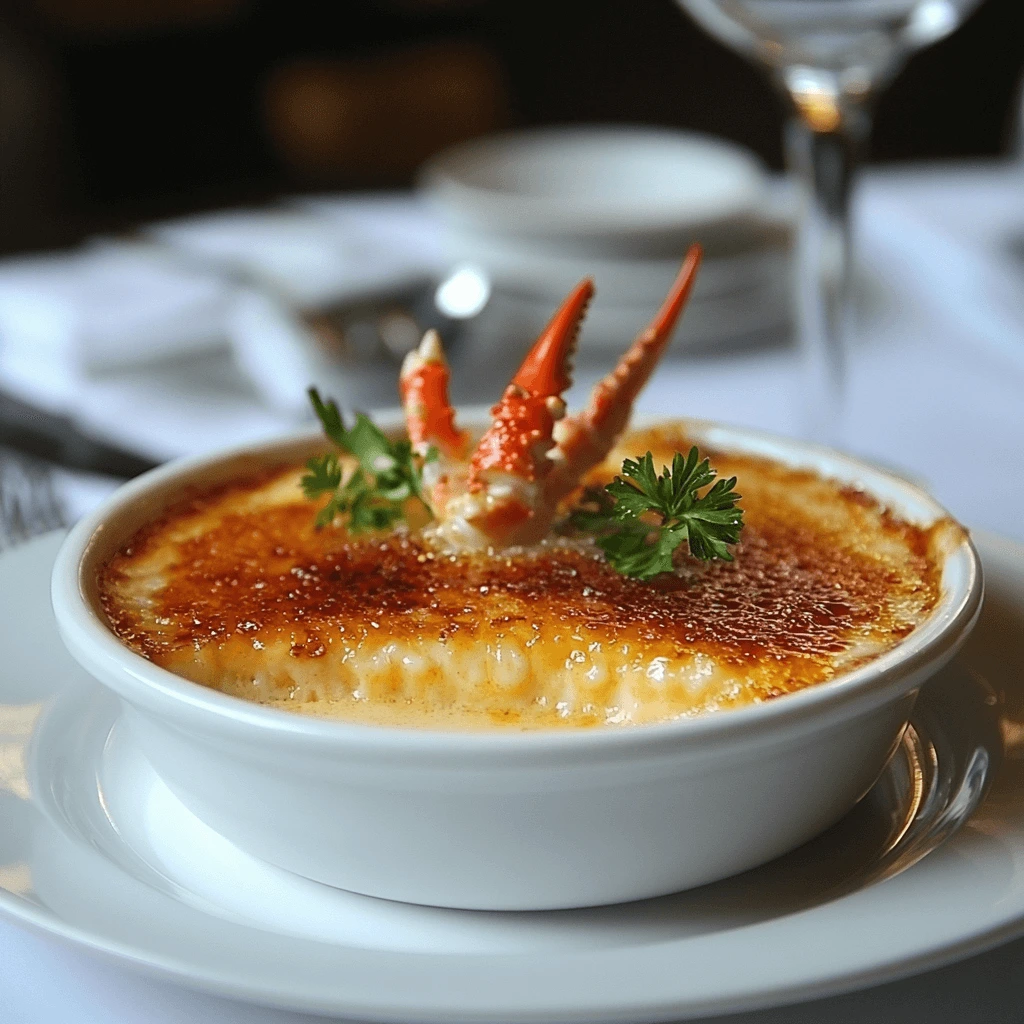 Crab Brulee with a golden caramelized sugar crust and creamy crab filling served in a small ramekin.