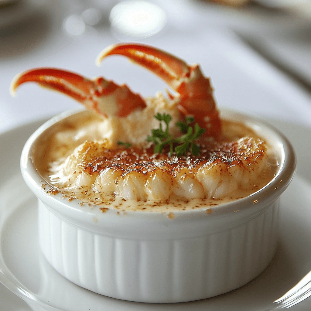 A delicious crab brulee served in a ramekin, with a perfectly caramelized golden top, garnished with herbs.