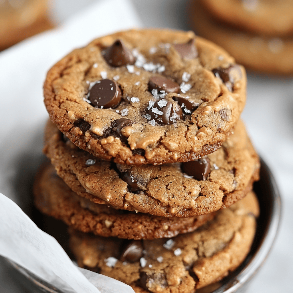 A close-up of freshly baked chocolate chip cookies with melted chocolate chips.