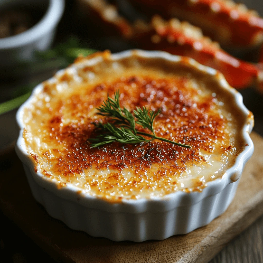 Crab Brulee in a ramekin with a golden, caramelized sugar crust on top
