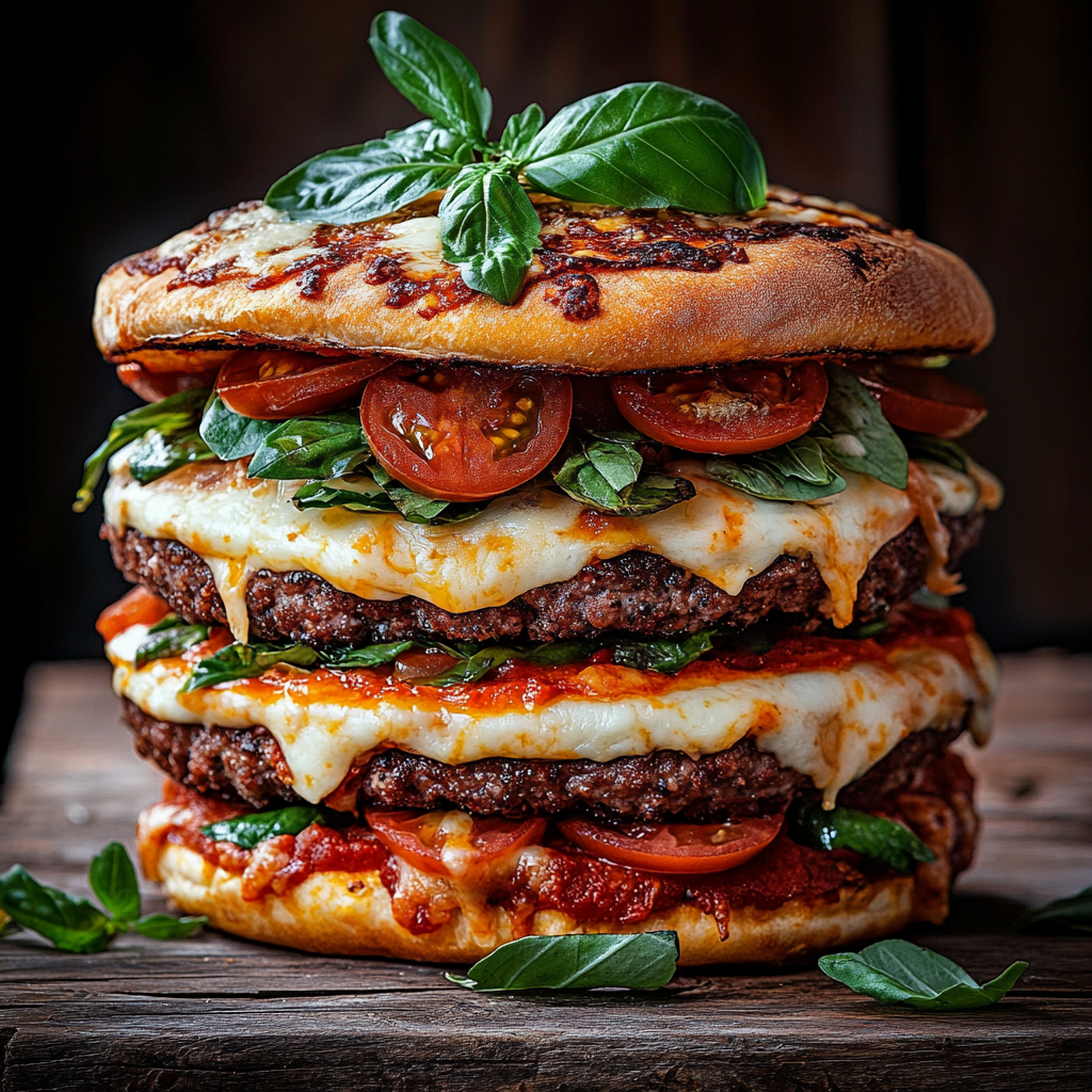 Pizza burger with melted cheese, pizza sauce, and fresh toppings on a toasted bun