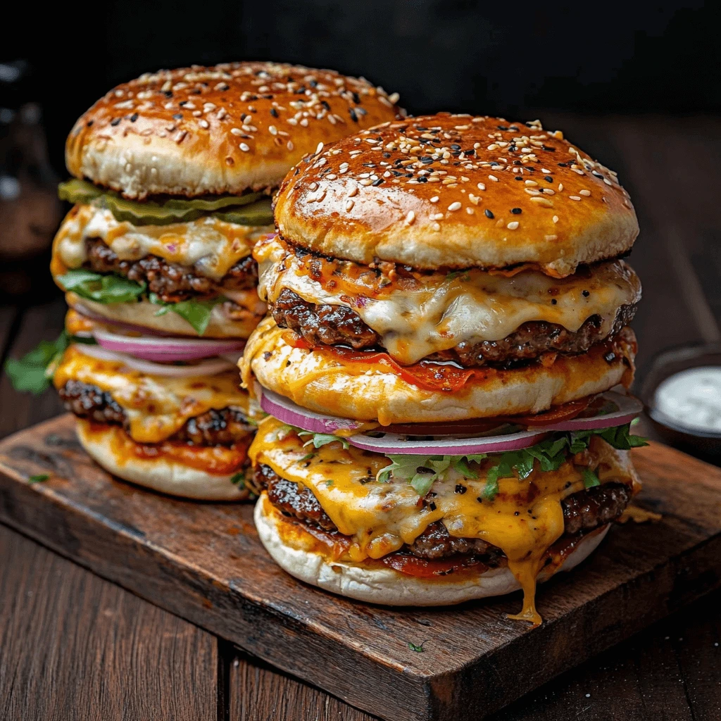 Homemade pizza burger with fresh basil and tomato slices.