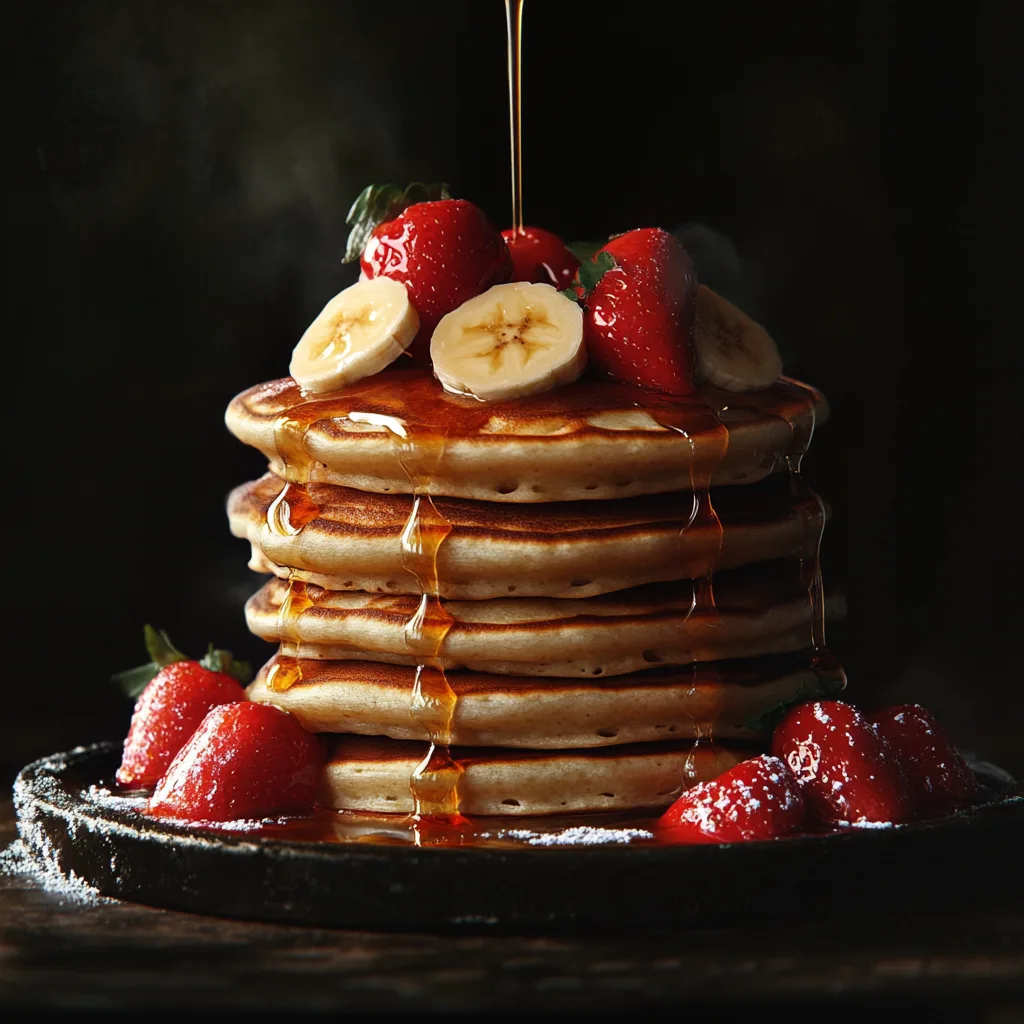 Stack of fluffy banana pancakes topped with fresh banana slices and a light dusting of powdered sugar