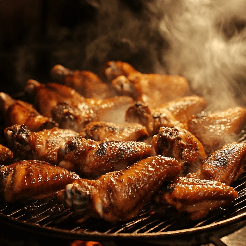 Smoked chicken wings on the grill with crispy skin and smoky flavor.