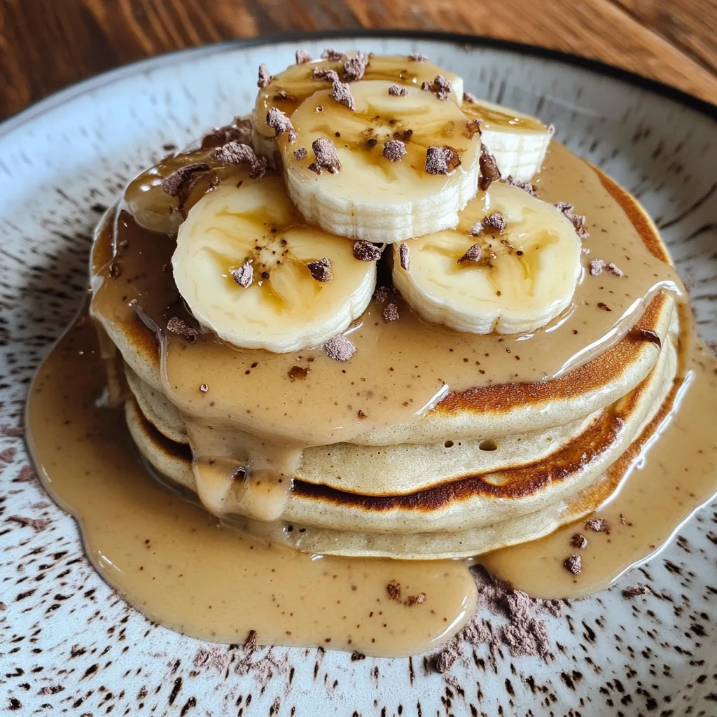 A stack of golden banana pancakes with fresh banana slices and syrup.