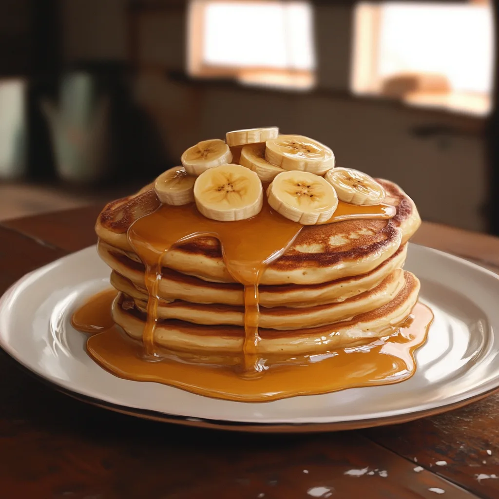 Stack of fluffy banana pancakes topped with sliced bananas, syrup, and a sprinkle of powdered sugar