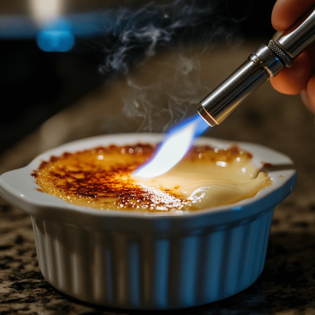 Chef using a kitchen torch to caramelize the sugar topping on a Crab Brulee in a ramekin.