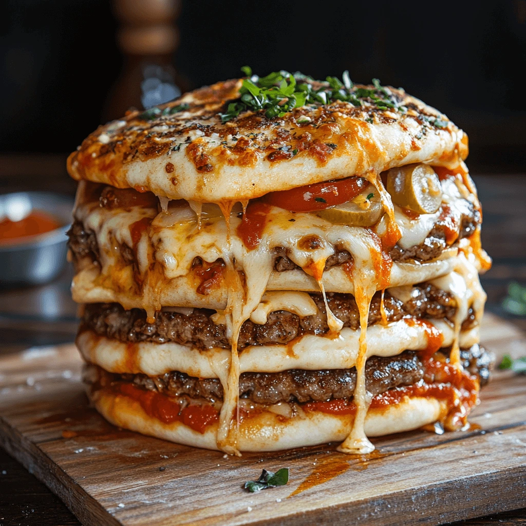 Pizza burger with crispy crust, layered with cheese, beef patties, and pepperoni