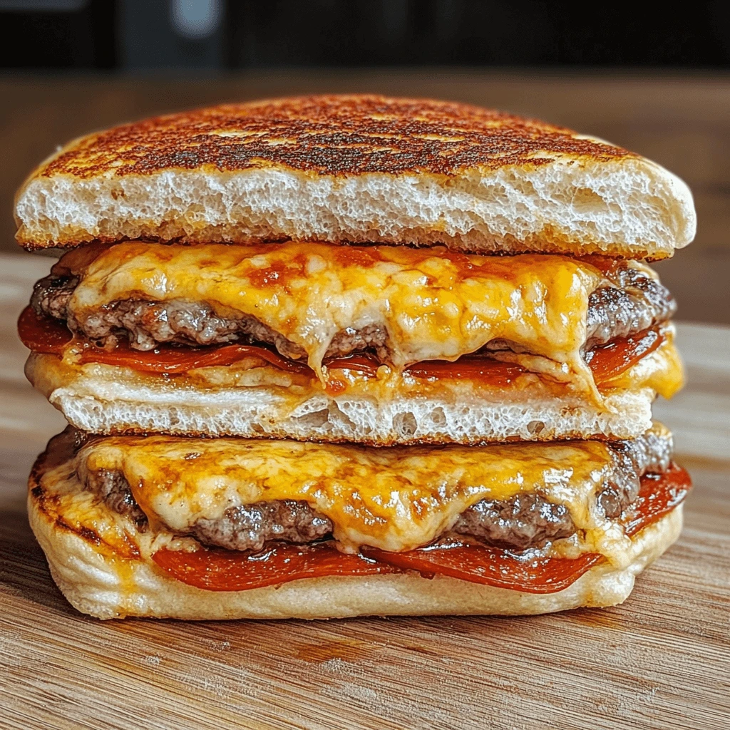 Pizza burger with melted cheese, tomato sauce, and a beef patty, topped with fresh basil on a toasted bun.