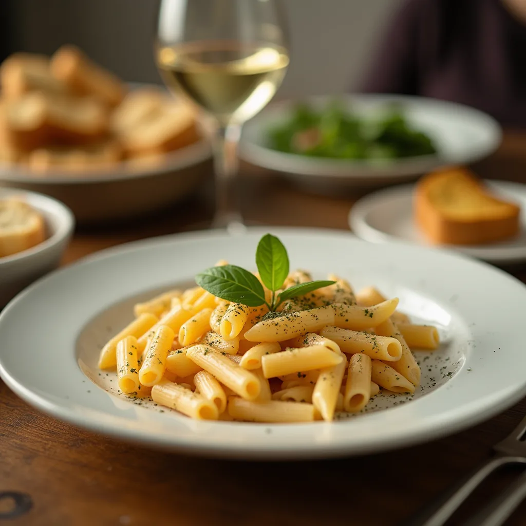 Creamy macaroni penne pasta served in a white plate with fresh basil garnish