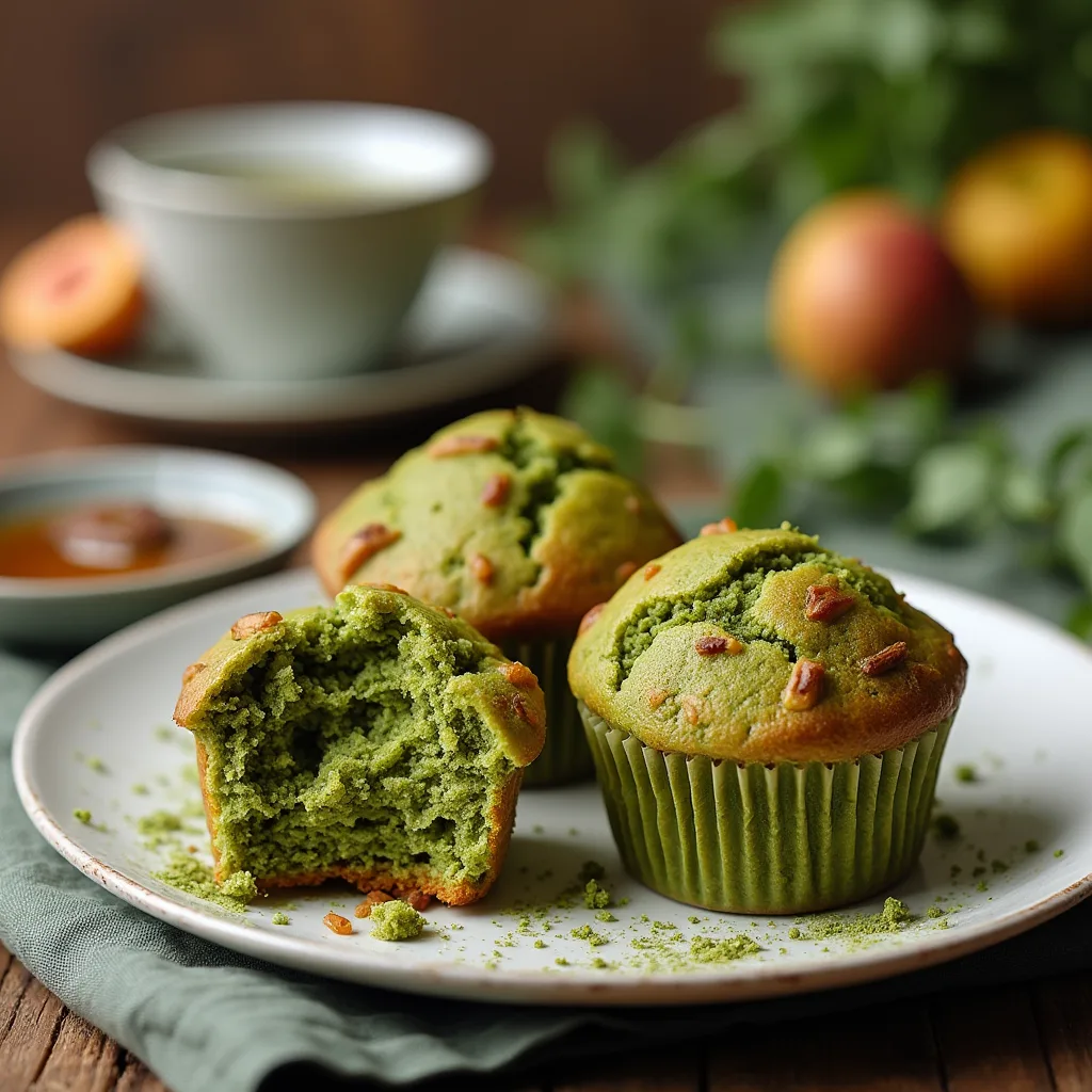 Freshly baked matcha muffins with almond flour, served on a rustic wooden plate with a cup of green tea.