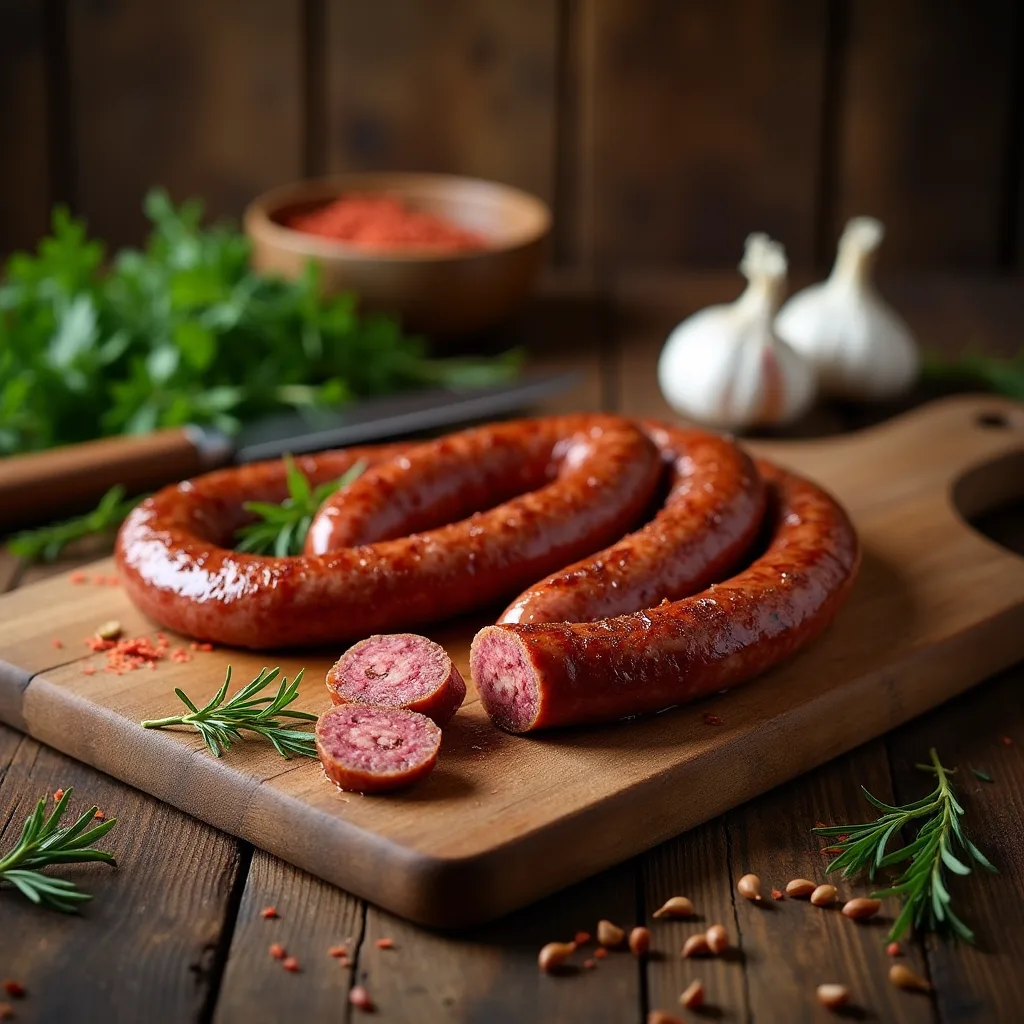 Homemade Country Style Deer Sausage freshly cooked on a rustic wooden board