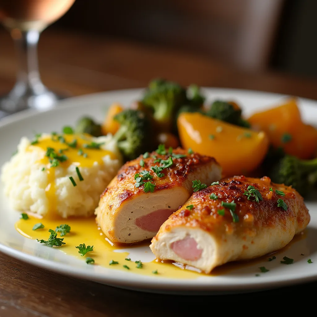 A golden-brown Chicken Cordon Bleu stuffed with ham and melted cheese, served on a white plate with a side of fresh vegetables.