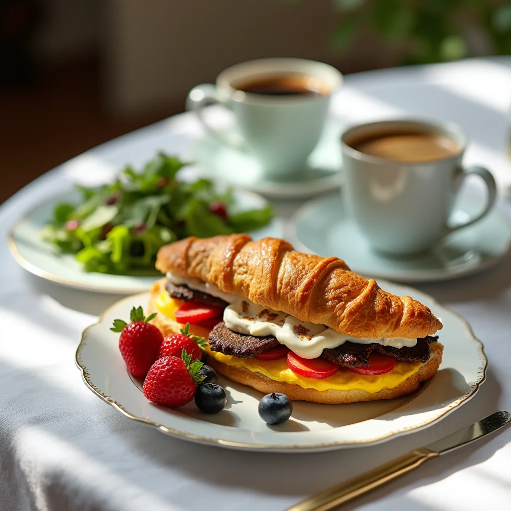 Three savory croissant breakfast sandwiches with truffle aioli, one with bacon, one with avocado, and one with grilled vegetables