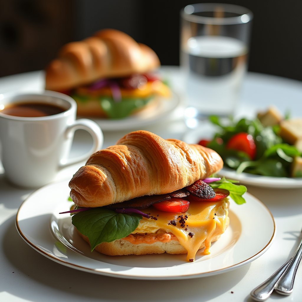 Close-up of a savory croissant breakfast sandwich with truffle aioli, crispy bacon, and fresh herbs on a wooden table.