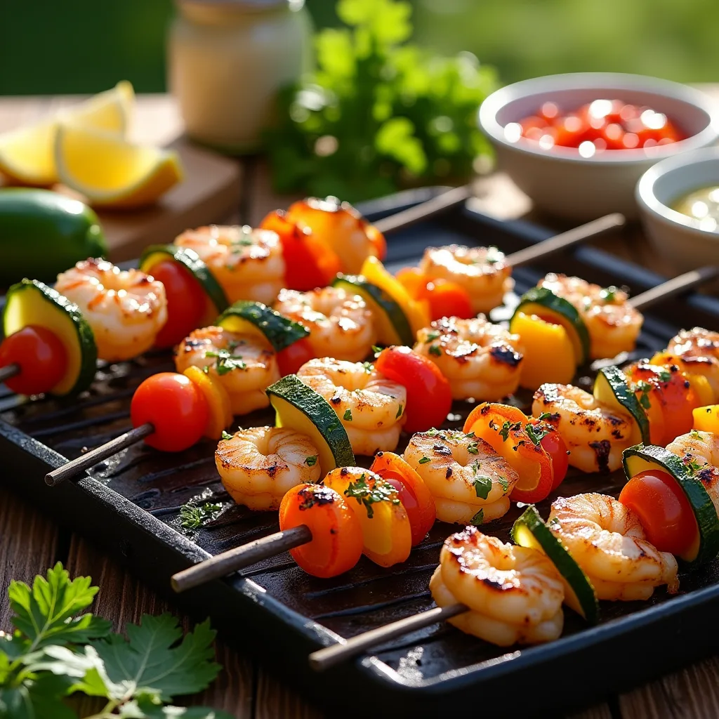 Grilled shrimp and veggie skewers with bell peppers, zucchini, and cherry tomatoes on a barbecue grill with a tangy marinade.