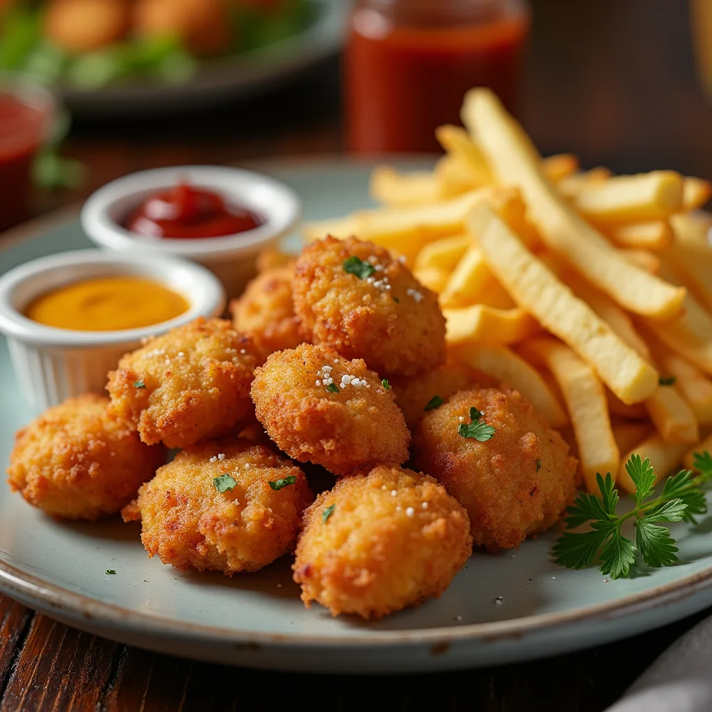 Crispy chicken nuggets with golden fries served on a rustic plate with dipping sauces on the side.