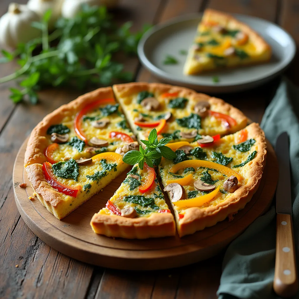 A delicious frittata served on a plate, filled with colorful vegetables and melted cheese.