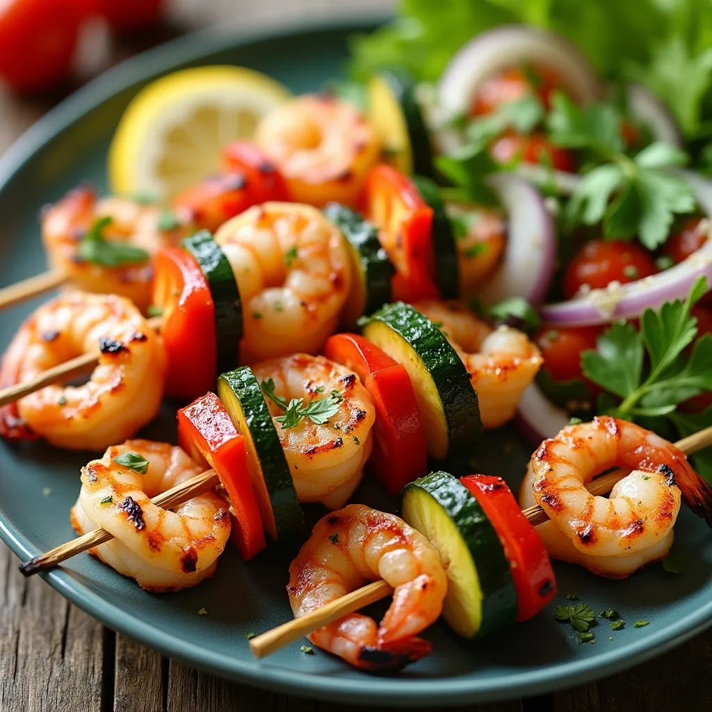 Grilled Shrimp and Veggie Skewers Served with Fresh Green Salad