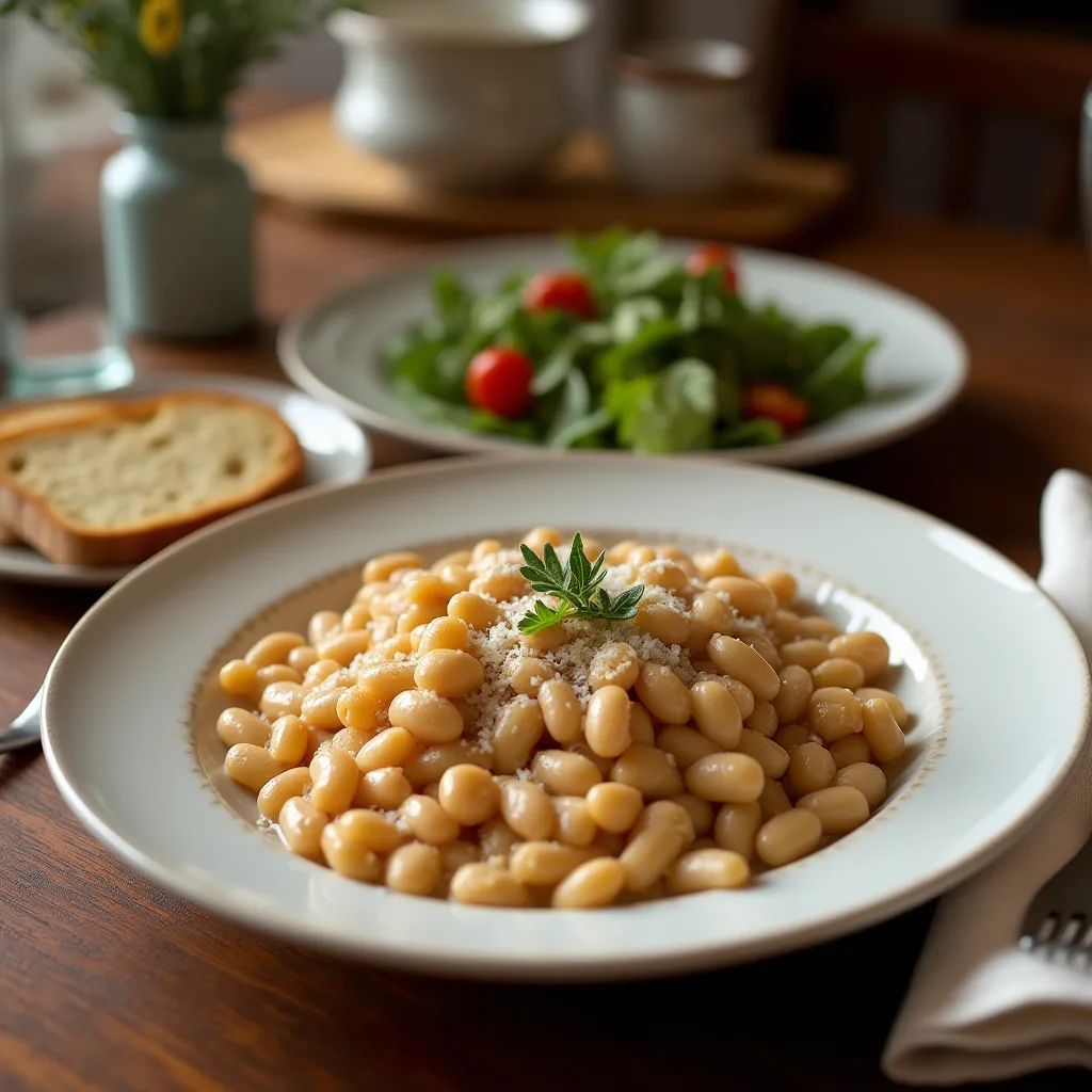 A platter of white bean stew with vegetables, garnished with fresh herbs and served with crusty bread.