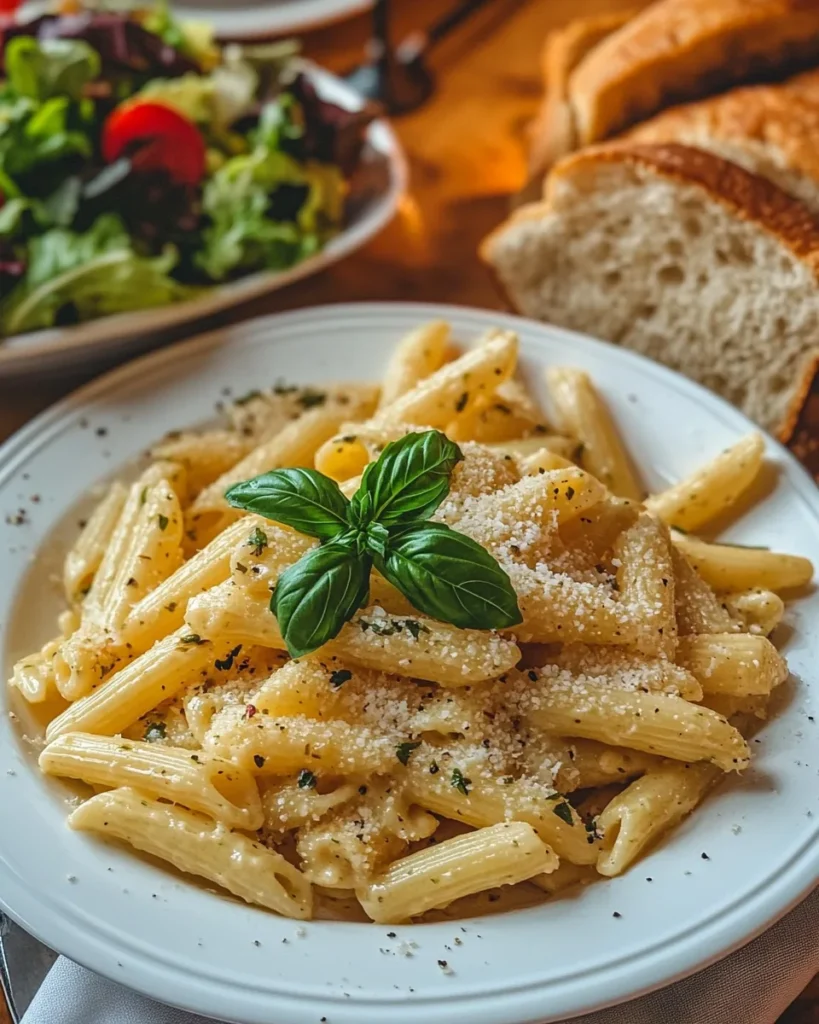 White plate of macaroni penne pasta with basil on a neutral background
