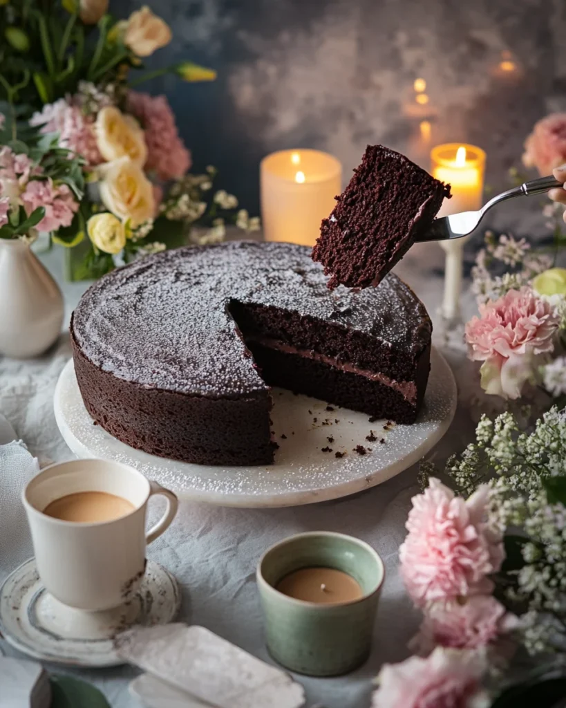 A slice of dark chocolate cake served with vanilla ice cream, whipped cream, and fresh berries on a dessert plate with a fork.

