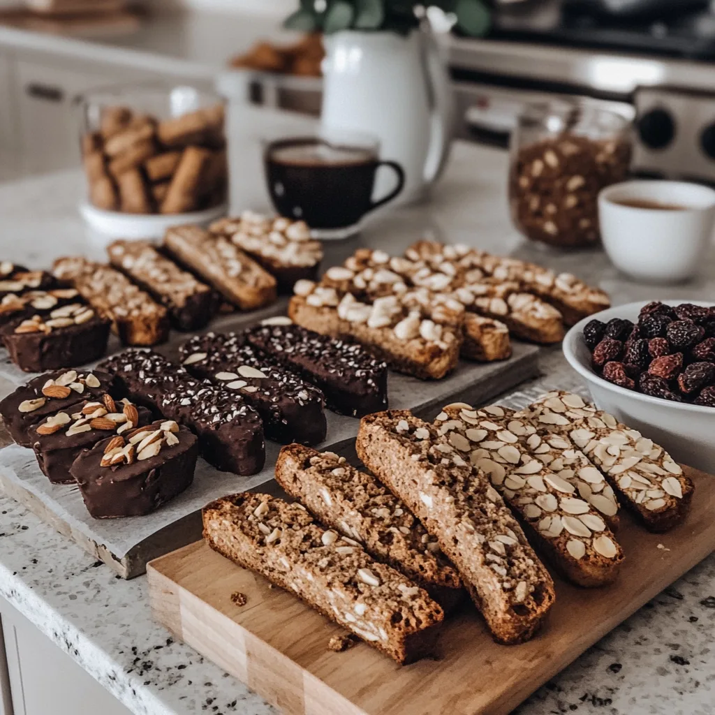 A selection of cranberry pistachio biscotti variations on a rustic tray, featuring different flavors like chocolate-dipped and nutty twists, with handwritten pro tips in the background.