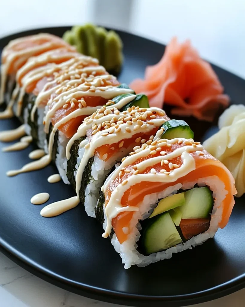 Alaska Rolls with salmon, avocado, and cucumber, neatly sliced and served on a black plate with soy sauce, wasabi, and pickled ginger.
