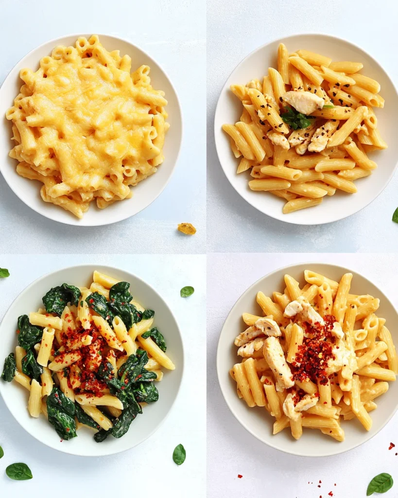 Macaroni penne shown in four small bowls featuring variations with chicken, spinach, extra cheese, and spicy red pepper flakes