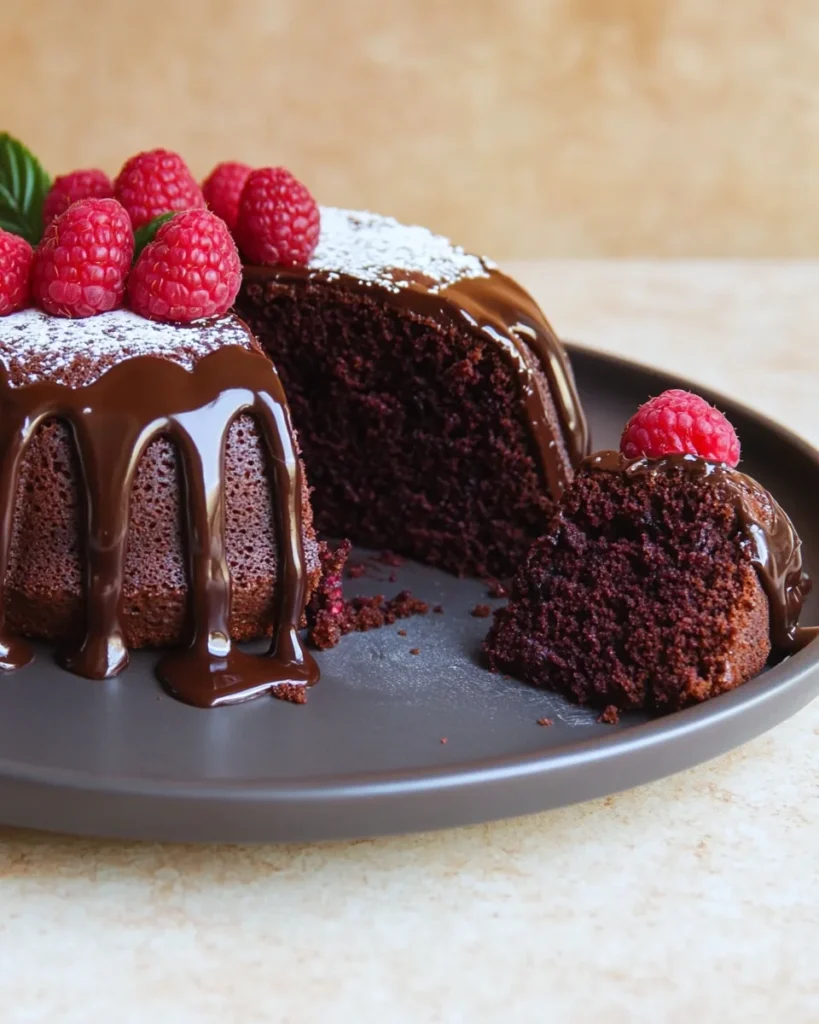Ingredients for dark chocolate cake variations including flaxseed, espresso powder, gluten-free flour, and chocolate chips displayed beside a partially frosted cake.

