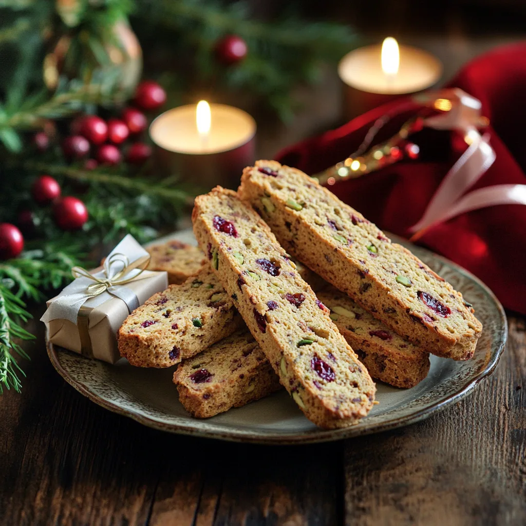A close-up of homemade cranberry pistachio biscotti on a wooden board, showcasing their crunchy texture and vibrant dried cranberries and pistachios.