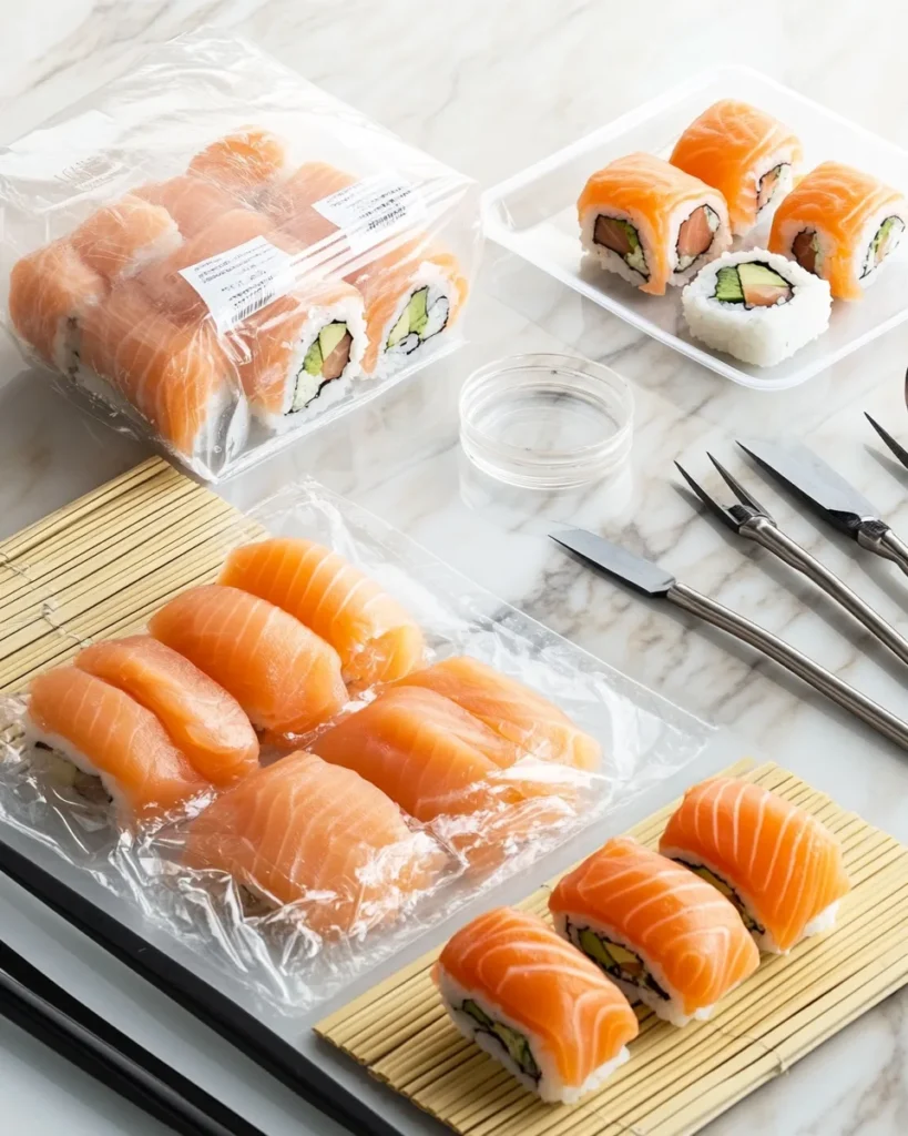 Sushi-making tools and ingredients displayed with tips like plastic-wrapped bamboo mat, chilled rolls, and spicy mayo for variation.