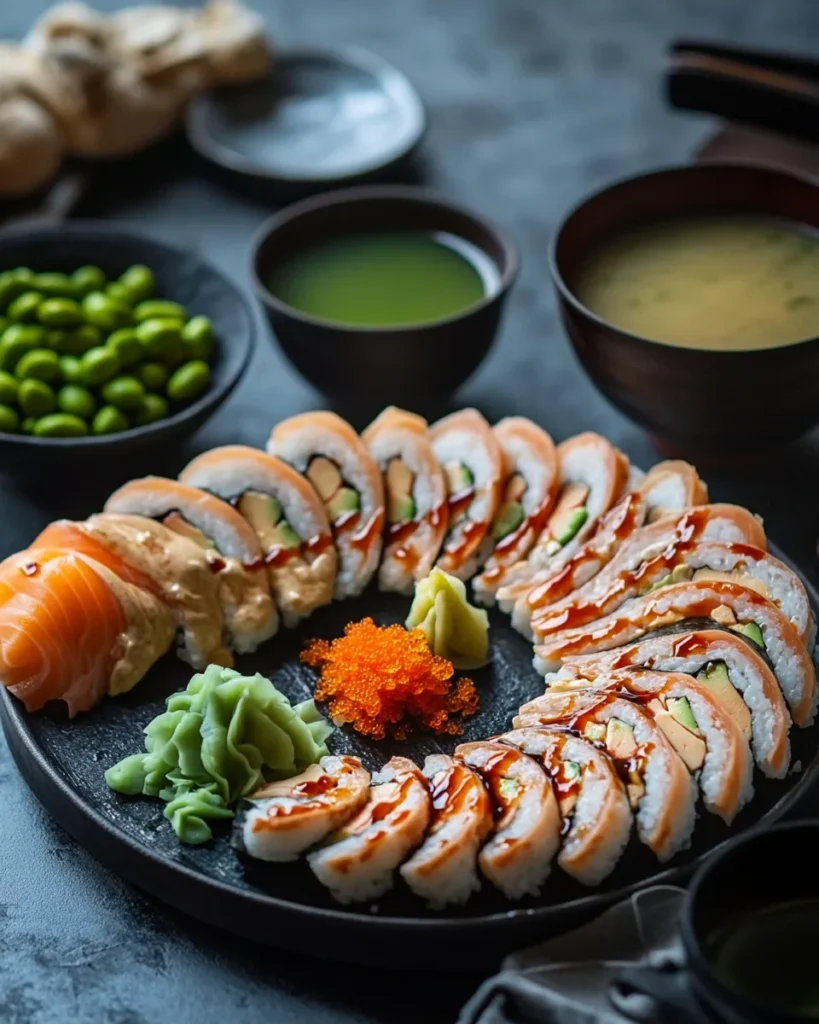 Alaska Rolls served with miso soup, edamame, and green tea on a Japanese-style dining setup.