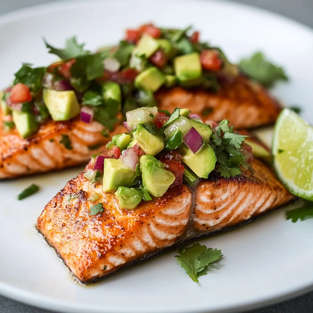 Pan-Seared Salmon with Fresh Avocado Salsa on a White Plate