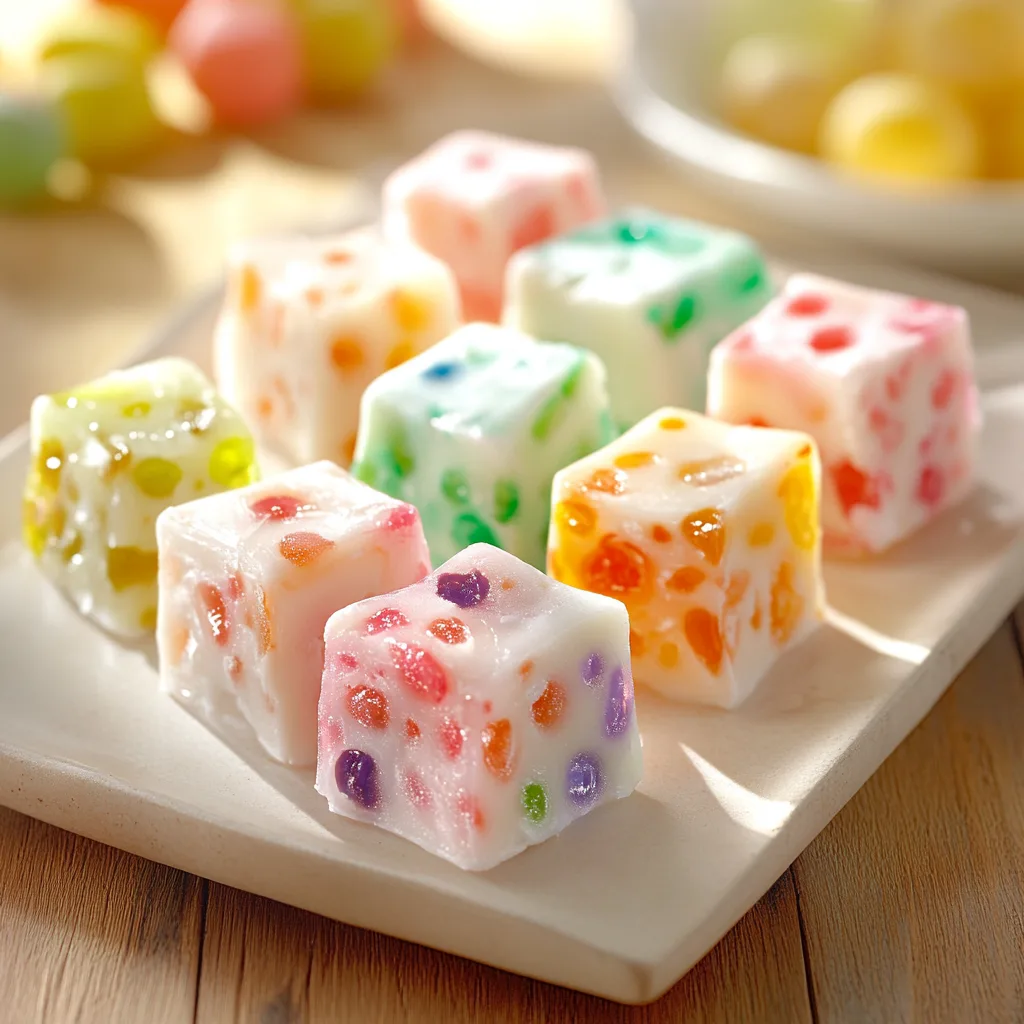 Colorful jelly nougat candies arranged in a vintage-inspired setting, evoking nostalgic memories of childhood sweets.