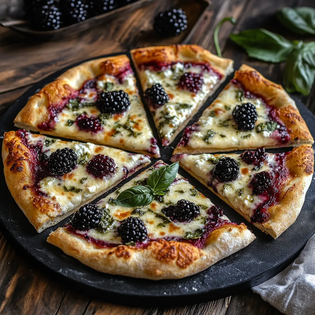 A selection of fresh ingredients for Blackberry Basil Ricotta Pizza: ripe blackberries, fresh basil leaves, creamy ricotta cheese, mozzarella cheese, pizza dough, olive oil, and balsamic glaze.