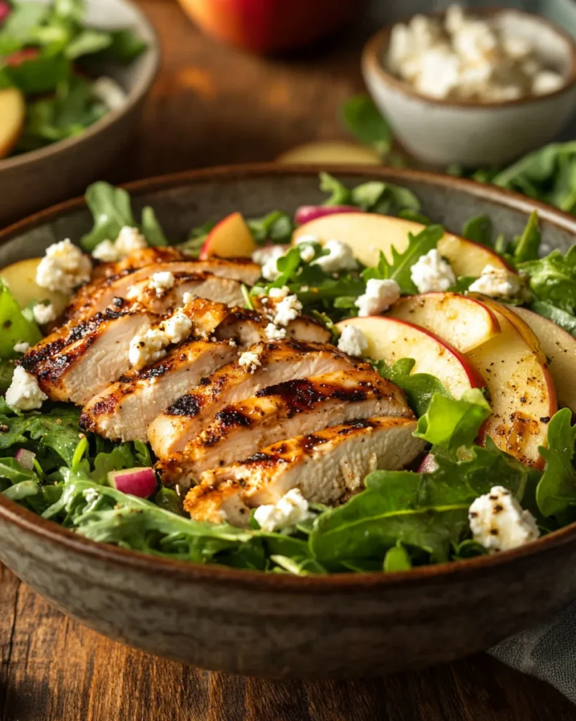 Salade with grilled chicken, apple slices, crumbled feta, and mixed greens drizzled with vinaigrette