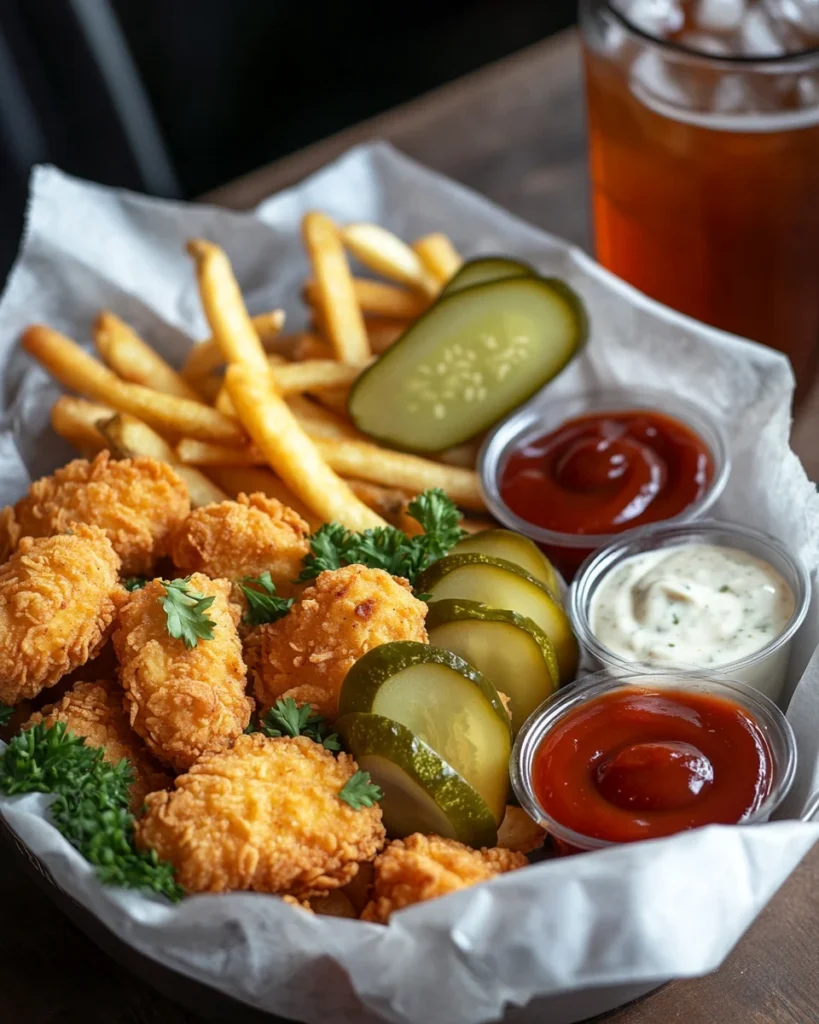 Crispy chicken nuggets and fries served with dipping sauces, salad, and iced tea on a cozy table.