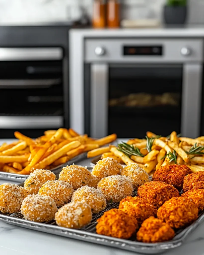 Crispy chicken nuggets with fries shown in multiple variations including spicy, cheesy, and air-fried.