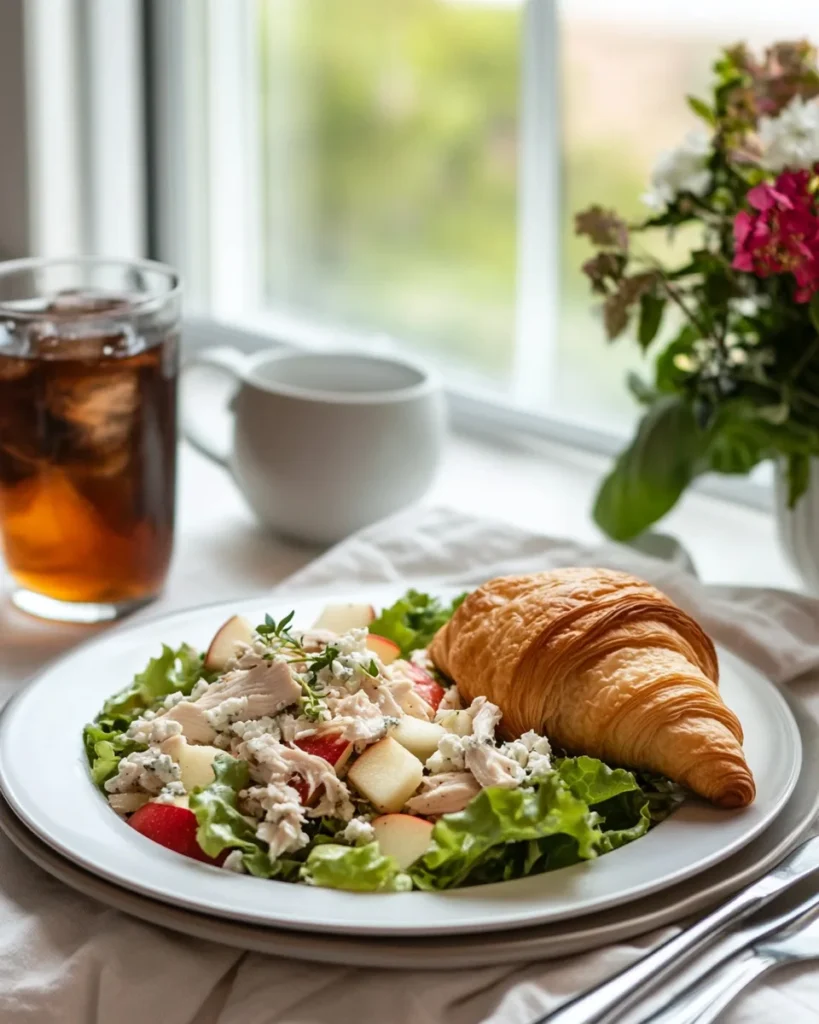 Plated Apple Feta Chicken Salad served with a croissant and iced tea on a rustic lunch table