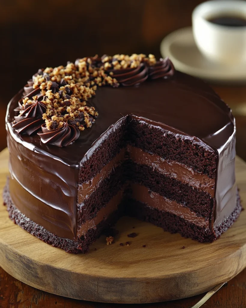A moist dark chocolate cake with glossy ganache, garnished with fresh raspberries and powdered sugar on a ceramic plate.

