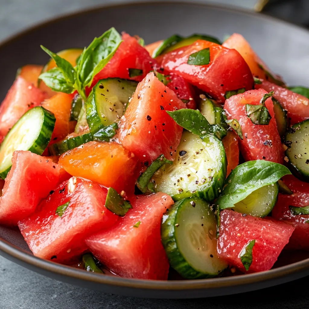 Fresh cucumber watermelon salad with feta cheese and mint, served in a white bowl with a lime dressing drizzle.