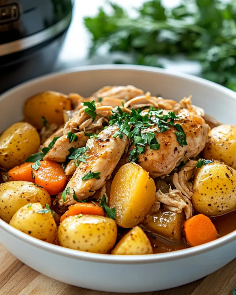 High protein crock pot chicken served on a white plate with vegetables and herbs

