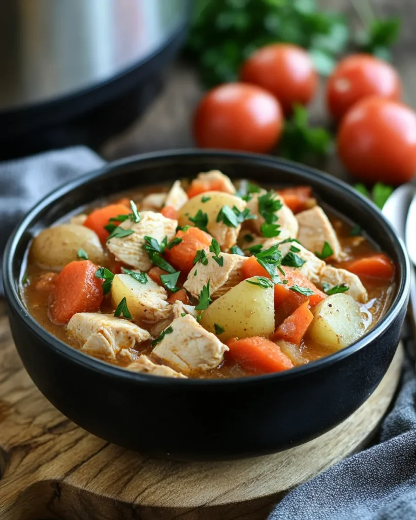 High Protein Crock Pot Chicken in a slow cooker with colorful vegetables and herbs, steaming and ready to serve

