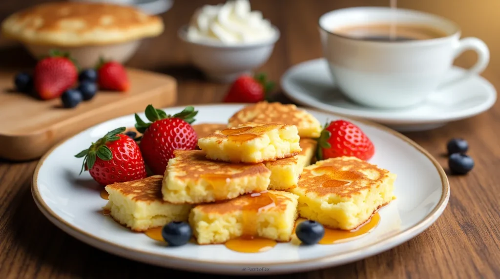 A plate of golden scrambled pancakes, served with fresh berries, a drizzle of maple syrup, and a dusting of powdered sugar.