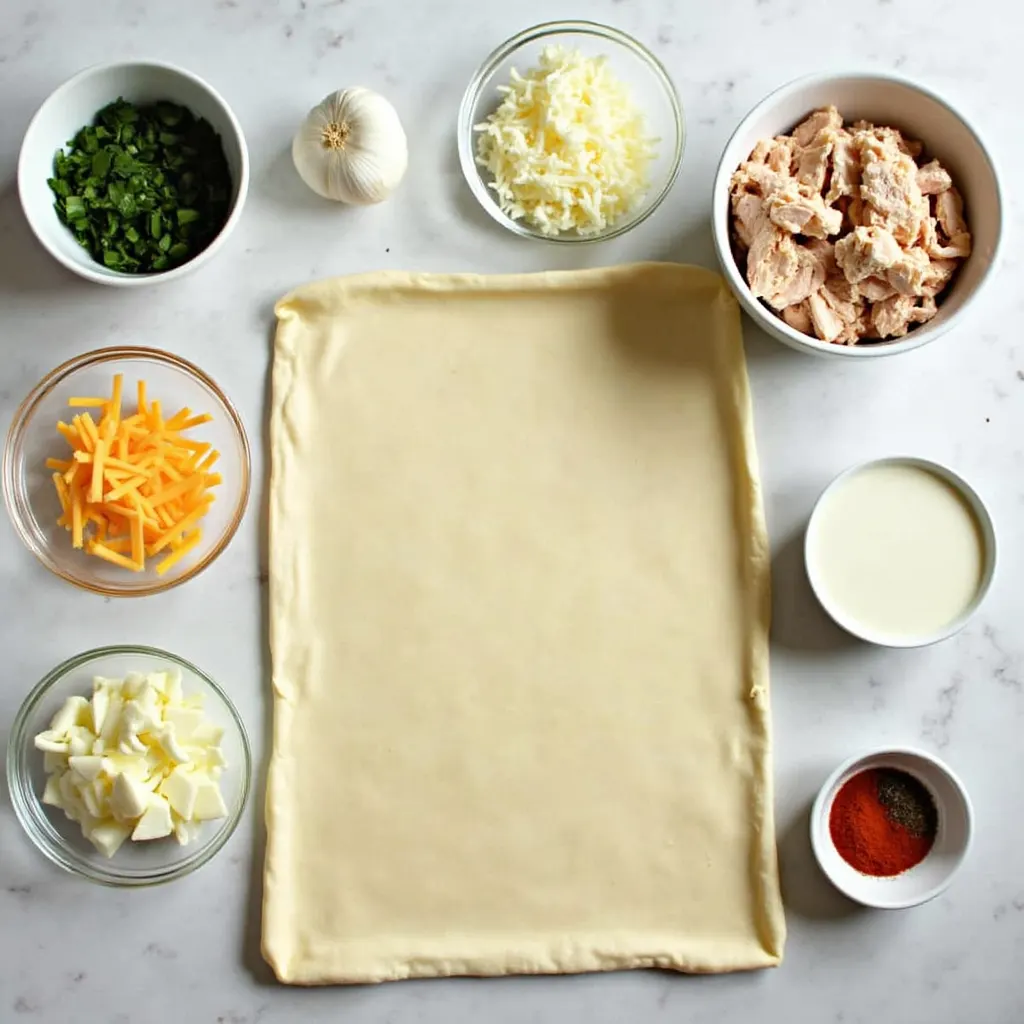 Raw ingredients for chicken and cheese jalouise including chicken breast, cheese, puff pastry, herbs, and seasonings.