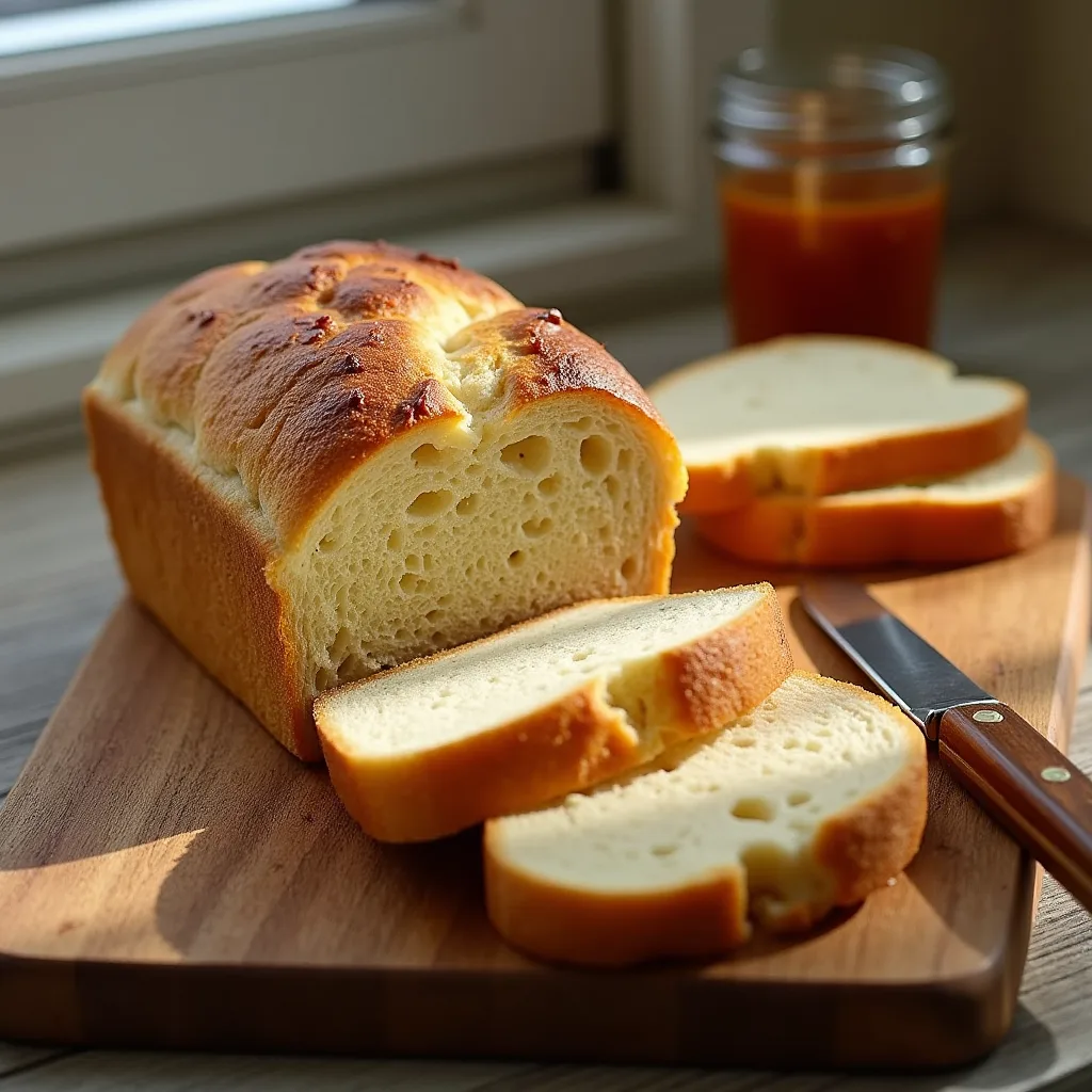 Freshly baked sandwich bread on a wooden cutting board, sliced and ready to be served.