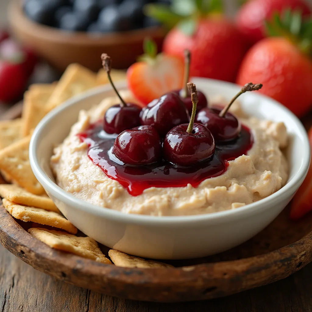 Cherry Cheesecake Dip with a creamy texture, topped with fresh cherries and graham cracker crumbs.